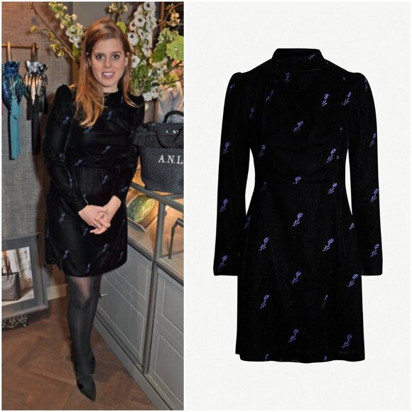 Maje Velvet Floral Embroidered 'Ripicow' Dress, Deep Navy Blue Black - Picture 1 of 6